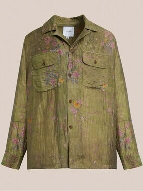 Free People Found Floral Moss Button Down Camp Shirt Olive Green Medium Unisex